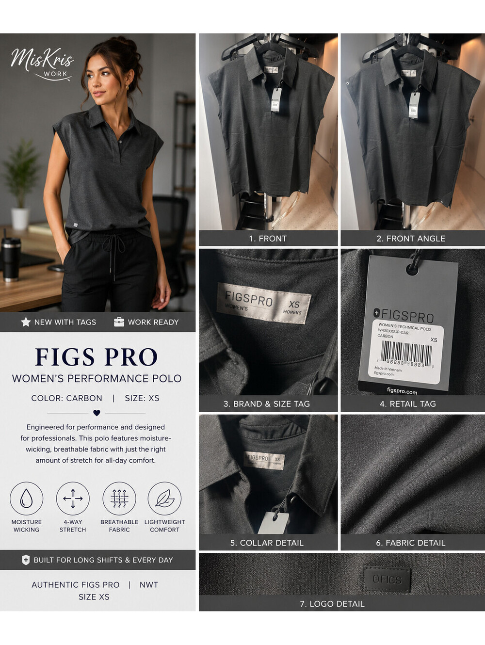 NWT FIGS Pro Women's Carbon Performance Polo Shirt XS Moisture Wicking Stretch